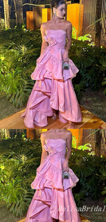 Sexy Strapless Pink Bow Knot A-line Evening Gown Long Prom Dresses with Ruffles,MB276