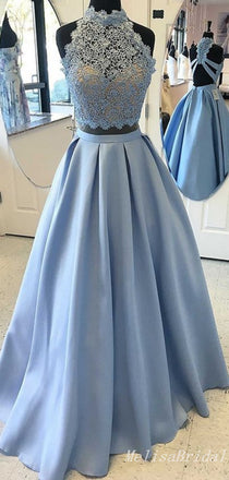Blue Two Pieces Lace Appliques Halter A-Line Evening Gown Maxi Long Evening Party Prom Dresses  ,MB606