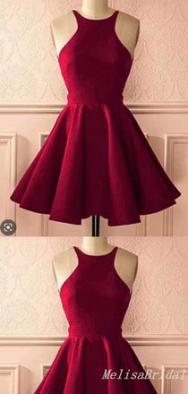 Burgundy O-Neck Sleeveless A-Line Graduation Party Short Homecoming Dresses With Pleats, HD404
