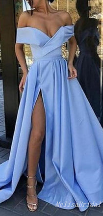 Sexy Plunging Off-the-shoulder High Slit Tulle A-line Evening Gown Long Prom Dresses with Pleats,MB310