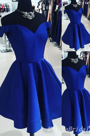 Navy Blue Sweetheart Off Shoulder A-line Graduation Party Short Homecoming Dresses, HD458