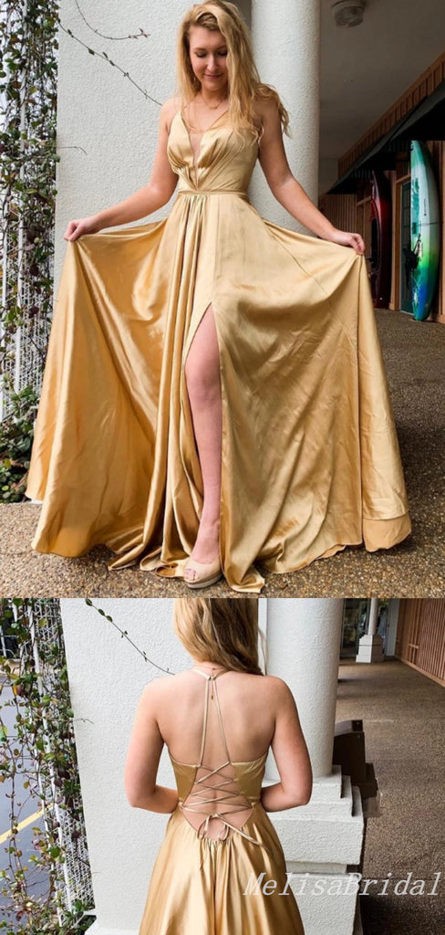 Charming Sexy Plunging High Slit Deep V-neck A-line Lace Up Back Evening Gown Long Prom Dresses with Pleats,MB332