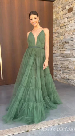 Green Plunging Spaghetti Straps Fluffy A-line Evening Gown Maxi Long Evening Party Prom Dresses with Belt ,MB768