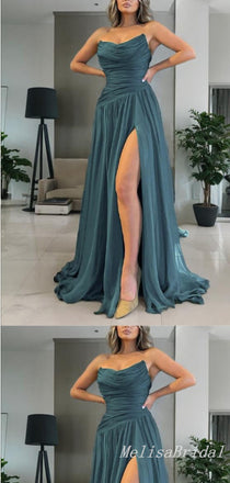 Sexy Strapless High Slit Evening Gown Long Formal Dresses Prom Dresses with Pleats,MB349