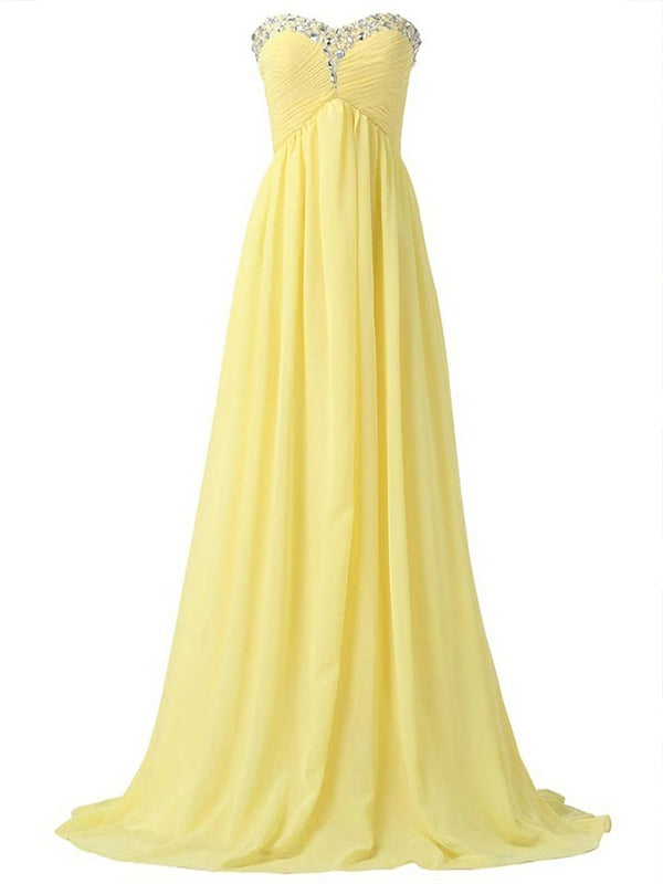 Strapless Beaded Yellow Sweetheart A-line Long Party Dress Prom Dresses,MB1058