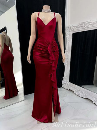 Red Mermaid Spaghetti Straps Evening Gown Maxi Long Evening Party Prom Dresses ,MB675