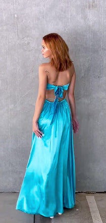 Elegant Unique Blue Sleeveless Lace Up Back A-Line Evening Prom Dresses,MB71