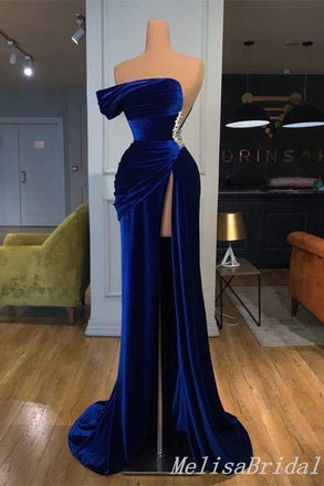 Velvet Blue Mermaid Evening Gown Long Evening Party Prom Dresses with High Slit,MB862