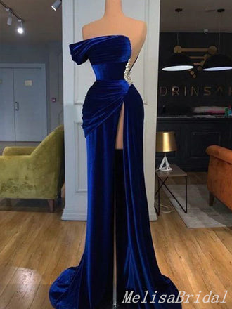 Velvet Blue Mermaid Evening Gown Long Evening Party Prom Dresses with High Slit,MB862