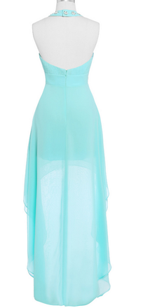 Stylish Blue Halter Beaded High Low Sheath Long Party Dress Prom Dresses,MB1060