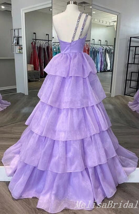 Lilac Layer A-Line Beaded Spaghetti Straps Evening Gown Maxi Long Evening Party Prom Dresses,MB677