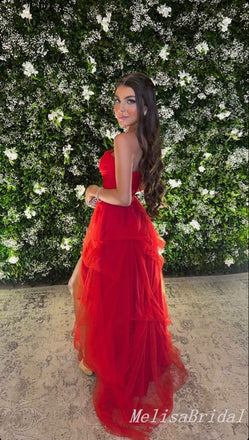 Sexy Strapless Straight Neck A-line Long Prom Dresses to Impress with Slit ,MB925