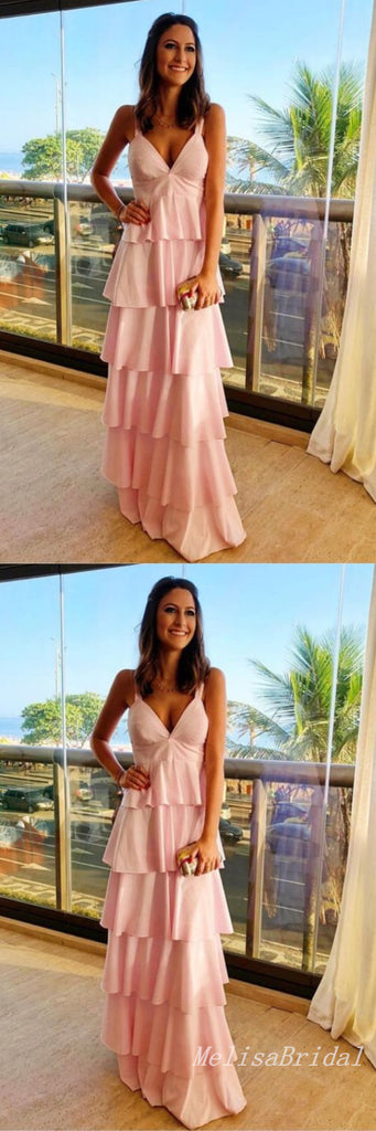 Stylish Light Pink A-line Tiered V Neck Party Dress Long Prom Dresses to Impress,MB1011