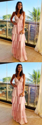 Stylish Light Pink A-line Tiered V Neck Party Dress Long Prom Dresses to Impress,MB1011