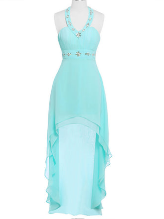 Stylish Blue Halter Beaded High Low Sheath Long Party Dress Prom Dresses,MB1060