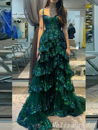 Sparkle Green Sweetheart A-line Tiered Evening Gown Long Evening Party Prom Dresses,MB863