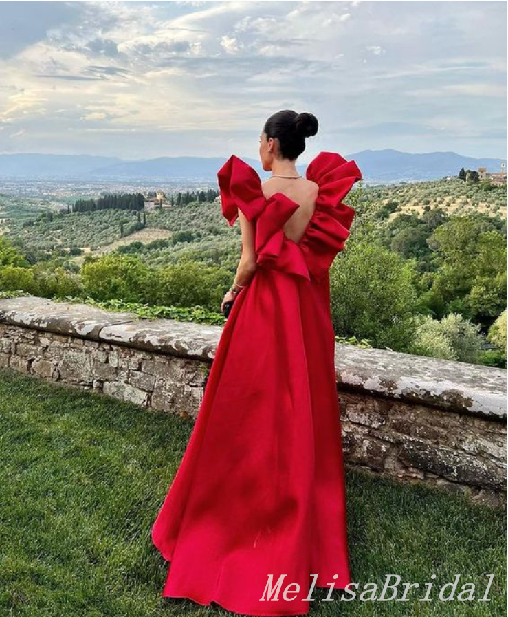 Stylish Red A-line V Neck Party Dress Long Prom Dresses to Impress,MB1012