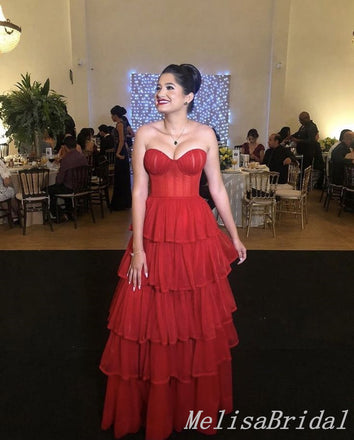 Strapless Red Sweetheart Tiered A-line Long Prom Dresses to Impress ,MB926