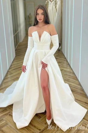 White A-Line V Neck Long Sleeves Strapless Long Wedding Dresses With Side Slit ,WGP228 ,WD76