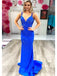 Sexy Royal Blue Sequin Spaghetti Strap Criss-Cross Back Pleats Mermaid Evening Prom Dresses,MB74