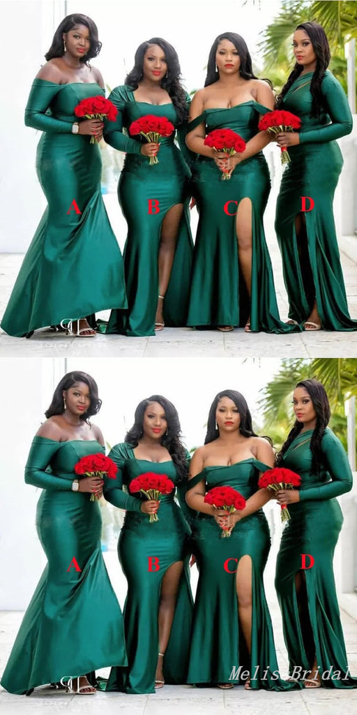 Mismatched Green Mermaid Long Sleeves Long Bridesmaid Dresses with Slit,BD237