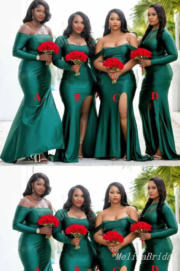 Mismatched Green Mermaid Long Sleeves Long Bridesmaid Dresses with Slit,BD237