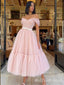 Pink Elegant Off Shoulder Tulle A-line Long Evening Gown Prom Dresses with Belt,MB185