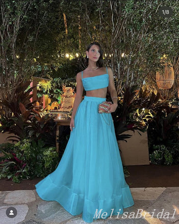 Blue Two Pieces Spaghetti Straps Straight Neck A-line Long Prom Dresses to Impress ,MB928