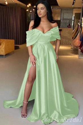 Green Off Shoulder Sweetheart Evening Gown Long Evening Party Prom Dresses with Slit,MB866
