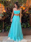 Blue Two Pieces Spaghetti Straps Straight Neck A-line Long Prom Dresses to Impress ,MB928