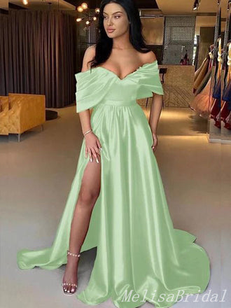Green Off Shoulder Sweetheart Evening Gown Long Evening Party Prom Dresses with Slit,MB866