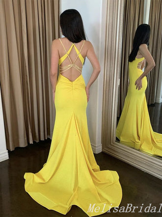 Yellow Spaghetti Straps Mermaid Evening Gown Maxi Long Evening Party Prom Dresses  ,MB680