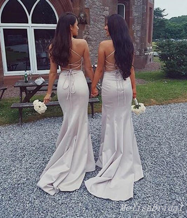 Champagne Spaghetti Straps Mermaid Plunging Lace up Back Long Bridesmaid Dresses,BD239