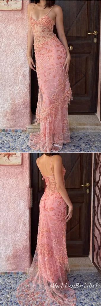 Fashion Blush Pink Spaghetti Straps Floral Appliques Mermaid Party Dress Long Prom Dresses to Impress,MB1014