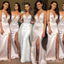 Champagne Spaghetti Straps Mermaid Plunging Lace up Back Long Bridesmaid Dresses,BD239