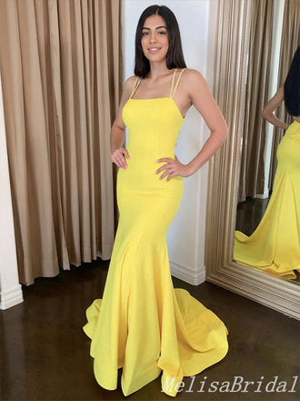 Yellow Spaghetti Straps Mermaid Evening Gown Maxi Long Evening Party Prom Dresses  ,MB680