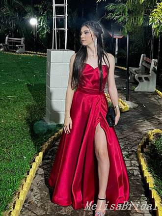 Red Strapless Sweetheart A-line Long Prom Dresses to Impress with Slit ,MB929