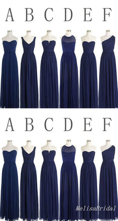 Blue Mismatched Sheath Chiffon Long Bridesmaid Dresses ,BD240