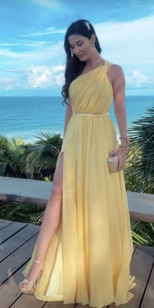 Elegant One Shoulder Yellow Side Slit A-line Long Party Dress Prom Dresses,MB1065