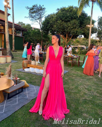Hot Pink Plunging Chiffon A-line Long Prom Dresses to Impress with Slit ,MB930