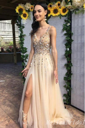 Champagne Sparkle Beaded Plunging Evening Gown Maxi Long Evening Party Prom Dresses With Side Slit,MB682