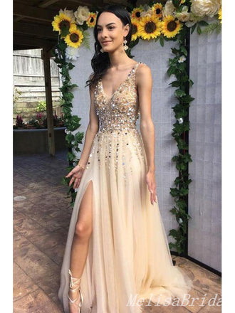 Champagne Sparkle Beaded Plunging Evening Gown Maxi Long Evening Party Prom Dresses With Side Slit,MB682