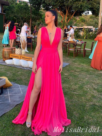 Hot Pink Plunging Chiffon A-line Long Prom Dresses to Impress with Slit ,MB930