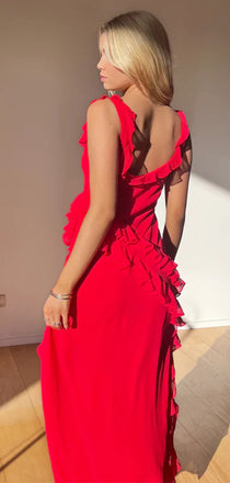 Sexy Red Spaghetti Straps Mermaid Ruffles Side Slit Long Evening Prom Dresses,MB08