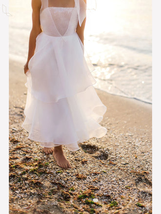 Elegant White Beading Tulle A- Line Ruffle Cheap Long Flower Girl Dresses ,FG32