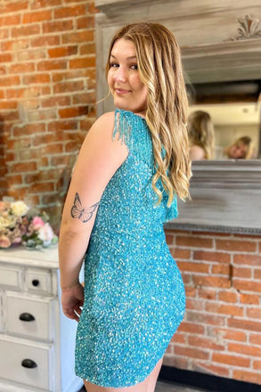 Elegant Light Blue One Shoulder Sequin Cheap Simple Short Homecoming Dresses, HD91
