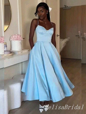 Elegant Blue Sweetheart Spaghetti Straps  Black Women A-line Long Prom Dresses to Impress ,MB941