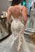 Elegant White Spaghetti Straps V Neck Lace Appliques Mermaid Long Wedding Dresses,WD44