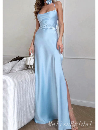 Elegant Light Blue Halter Side Slit Mermaid Long Evening Prom Dresses,MB106