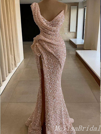 Gorgeous Sexy Sparkle Mermaid Evening Gown Long Formal Dresses Prom Dresses with High Slit,MB370